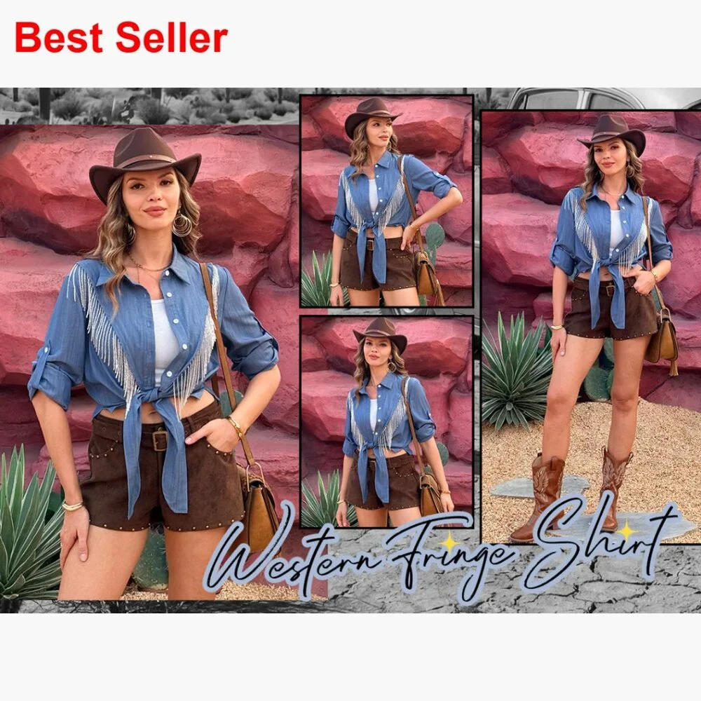 Sparkly Fringe Cropped Button Down Shirt with Rolled 3/4 Sleeves - Picture 7 of 7